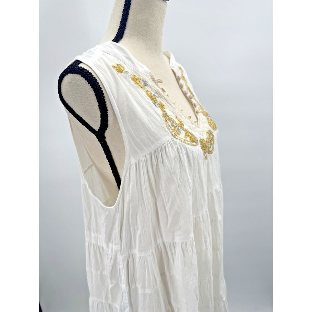 Free People White Cotton Tiered Dress Medium Beach Cover Up Gold Crochet Trim - Picture 5 of 12